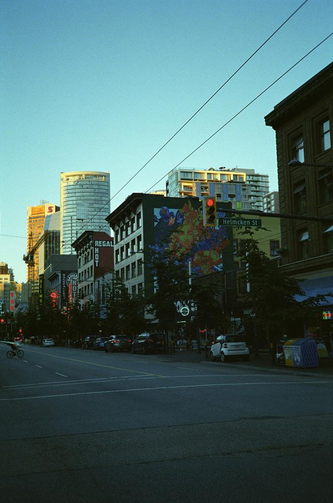 Helmcken St. during sundown, taken from the curb